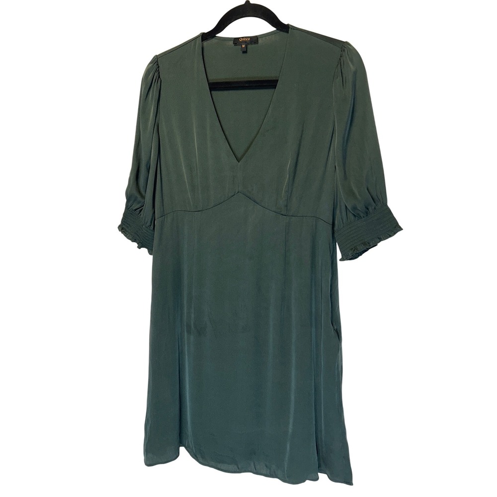 Quince Washable Stretch Silk Smocked Sleeve Mini Dress Green Size M Retail: $99‎